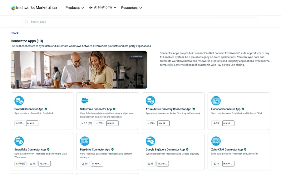 Freshworks Marketplace Connector Apps collection, 13 apps including PowerBI, BigQuery and Snowflake