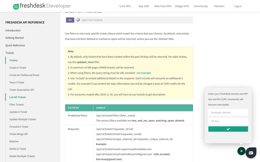 Freshdesk API reference for List All Tickets, showing the 30-day default and the 30,000-ticket cap