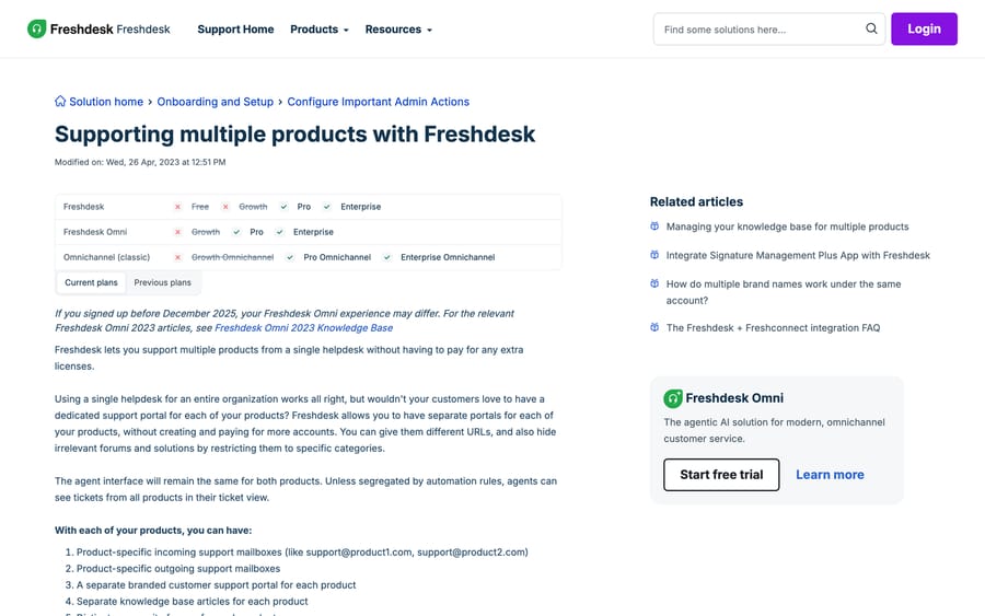 Freshworks' Supporting multiple products article with the Pro and Enterprise plan chart