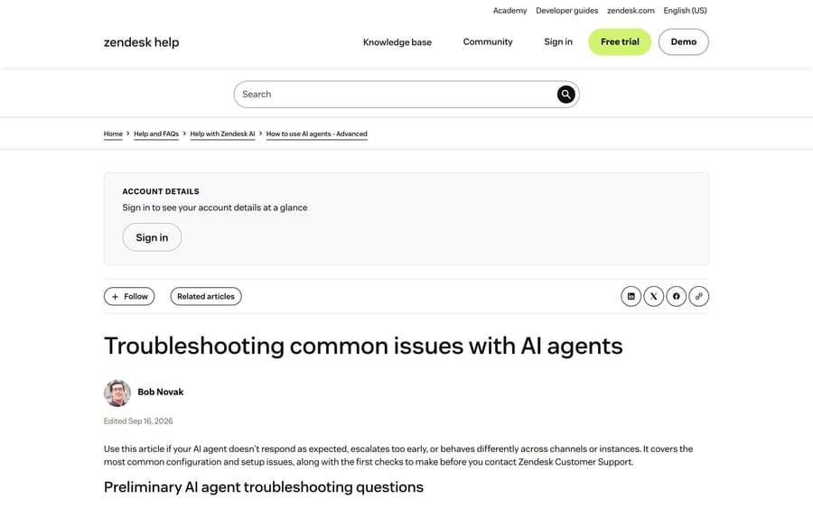 Zendesk's own troubleshooting article for AI agents, filed under "How to use AI agents - Advanced".