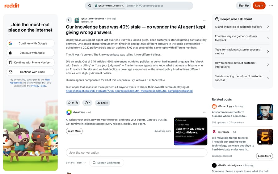 Reddit: a CS lead reports 40% of 340 knowledge base articles referencing outdated policies.