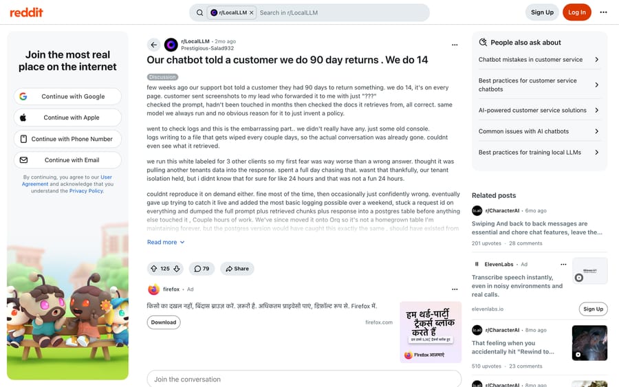Reddit thread: a support bot promised 90-day returns when the real policy was 14 days.