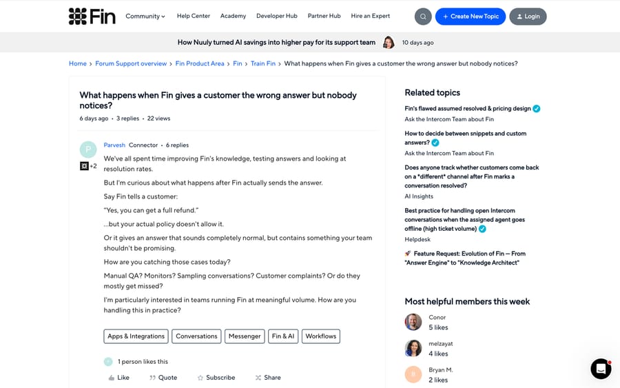 Intercom community: a thread asking how teams catch Fin's wrong answers when nobody reports them.