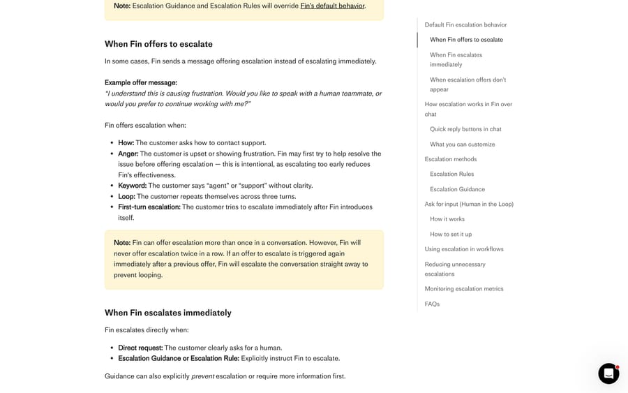 Intercom's documentation listing when Fin offers escalation: how, anger, keyword, loop and first turn