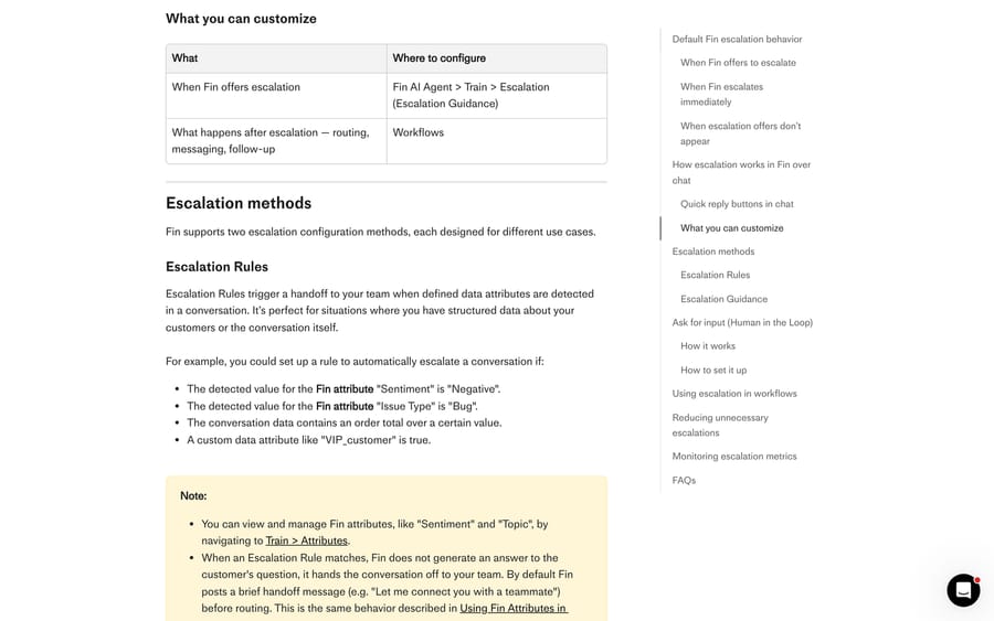 Intercom's escalation methods section explaining Escalation Rules triggered by conversation data attributes