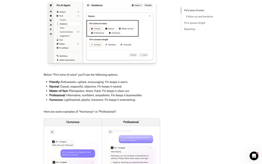 Intercom's Fin Guidance Basics panel showing the five tone of voice options and three answer lengths