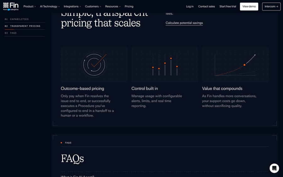 Fin's pricing page explaining outcome-based billing, including a Procedure handoff as a billable outcome
