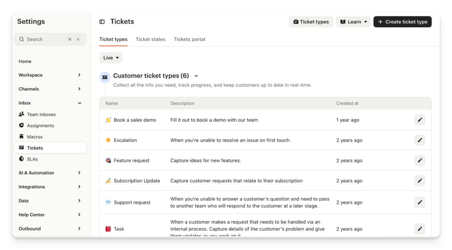 The Tickets settings page in Intercom showing customer ticket types with names and descriptions