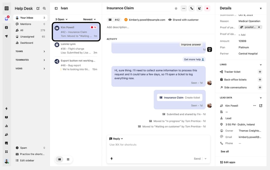 An Intercom customer ticket in the inbox with the Links section showing tracker and back-office ticket slots