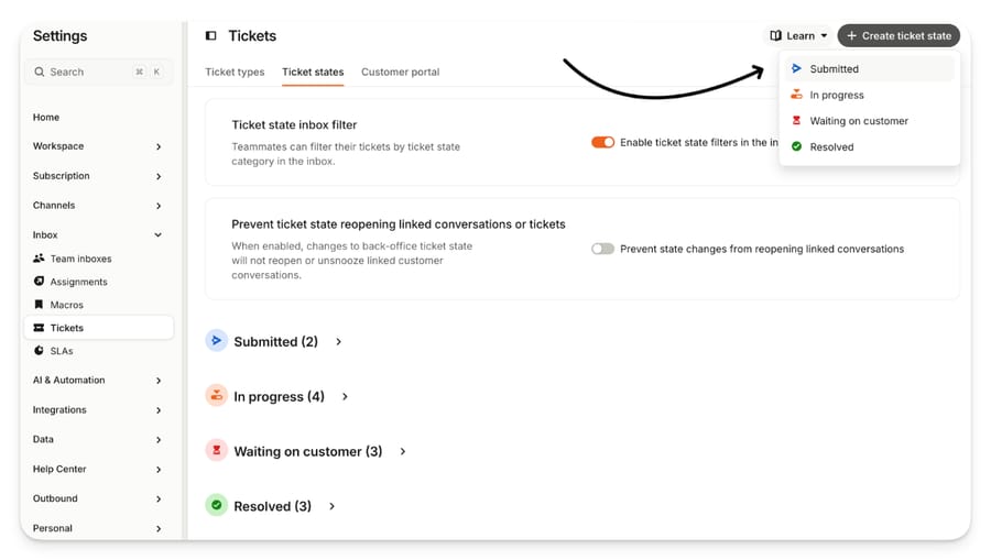 The Ticket states tab in Intercom settings with Submitted, In progress, Waiting on customer and Resolved groups