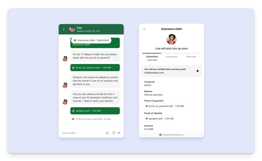 Intercom Messenger showing a customer's insurance claim ticket with Submitted, In progress and Resolved steps