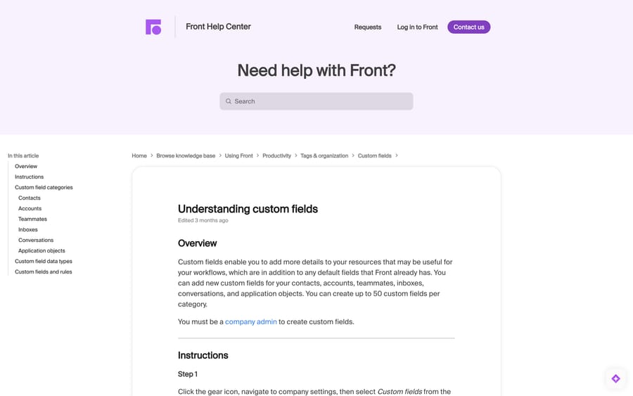 Front's Understanding custom fields article listing the six categories and the 50-per-category limit
