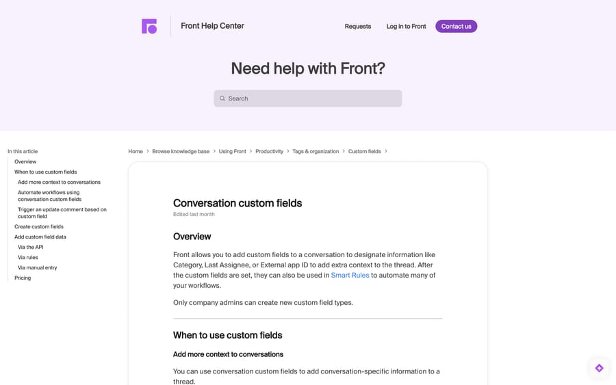 Front's Conversation custom fields article showing the create steps and the plan pricing table