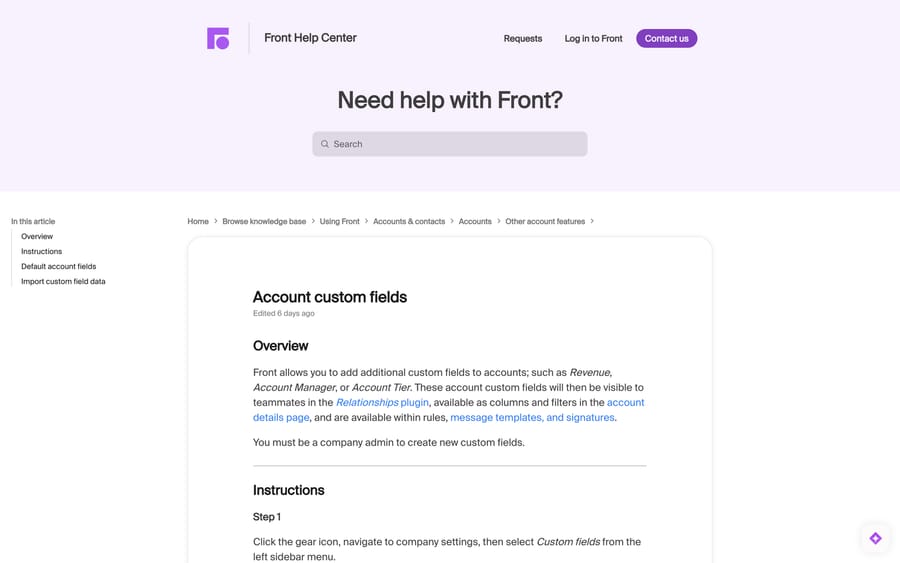Front's Account custom fields article, noting the Relationships plugin and the case-sensitive field names