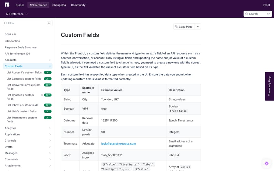 Front's API reference for custom fields, listing the type names and example values the API expects