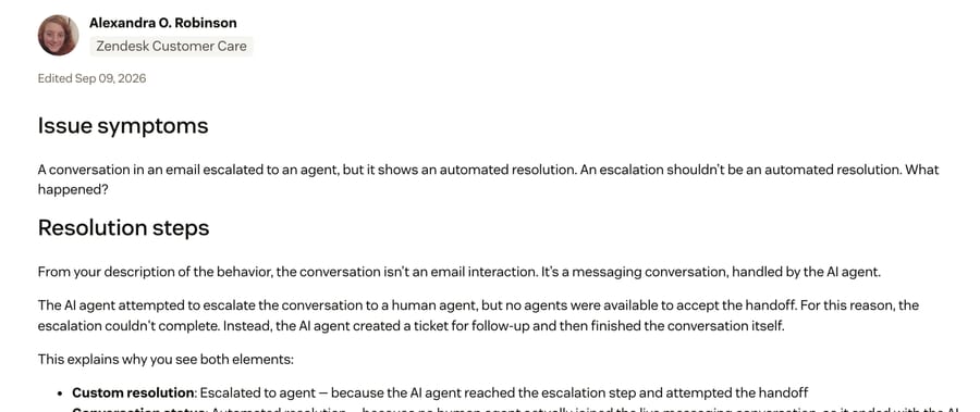 Zendesk's help center article explaining why a failed handoff with no agents available is logged as an automated resolution.