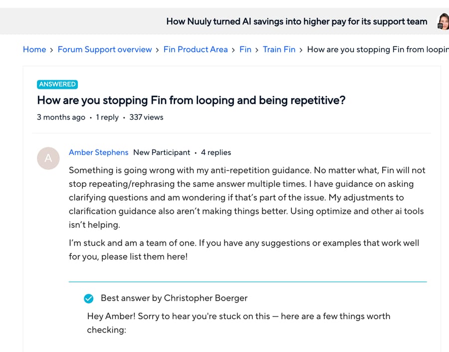 The Intercom community thread where a Fin admin reports the agent repeating and rephrasing the same answer.
