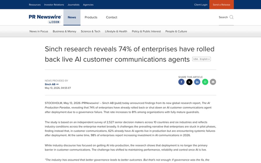 PR Newswire: Sinch research reporting 74% of enterprises have rolled back live AI agents.