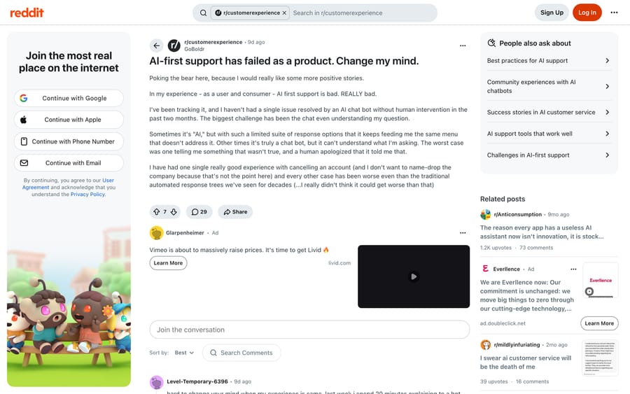 Reddit r/customerexperience: a thread arguing AI-first support has failed as a product.