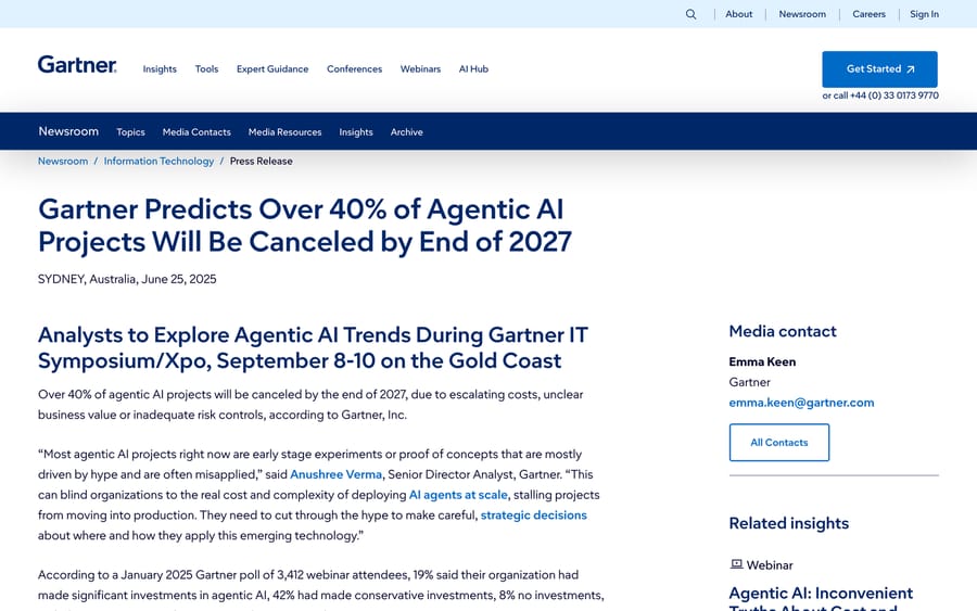 Gartner press release predicting over 40% of agentic AI projects canceled by end of 2027.