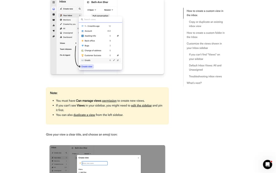 Intercom's documentation showing the Create view option in the Inbox sidebar and the permission note