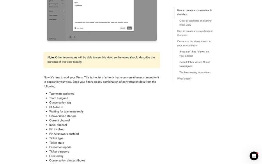 Intercom's list of the filters available for inbox views, from Teammate assigned to Ticket attributes