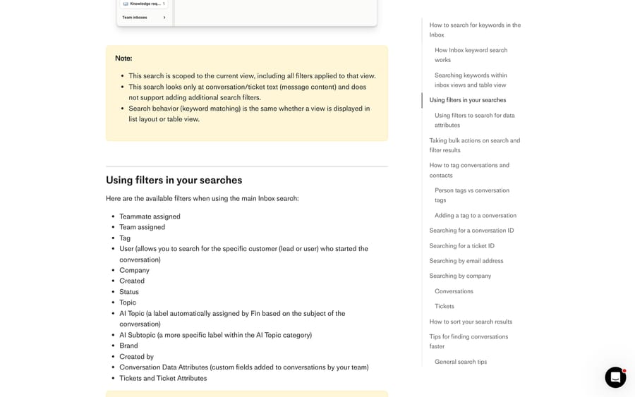 Intercom's list of the filters available in Inbox search, with the note that Lite seats cannot use them