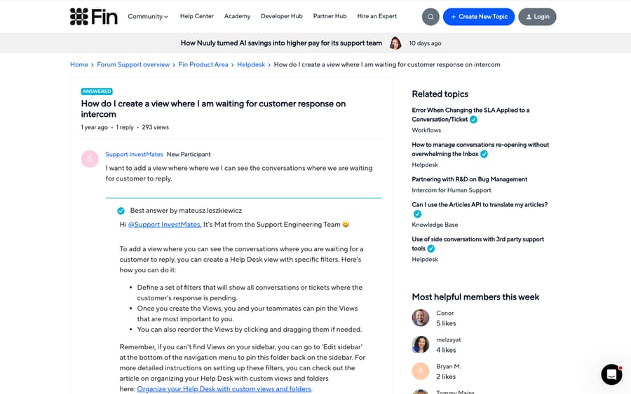 An Intercom community thread asking how to build a view for conversations waiting on a customer reply