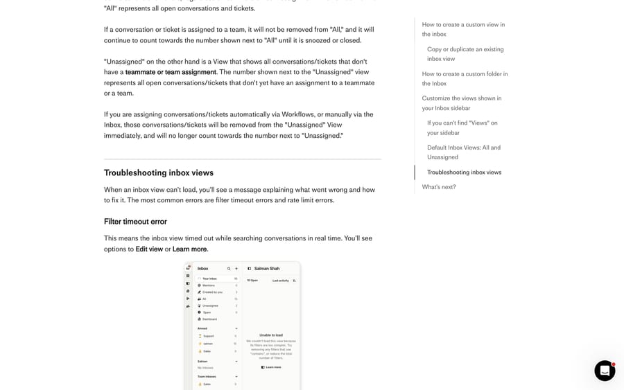 Intercom's troubleshooting section showing the filter timeout error inside the Inbox