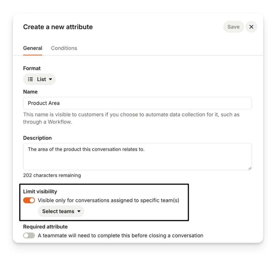 Intercom's Create a new attribute panel showing Limit visibility and Required attribute toggles
