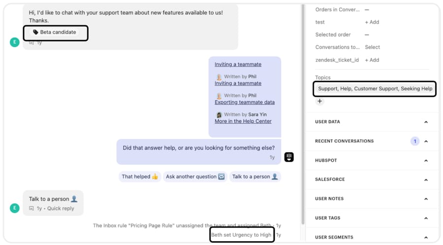 An Intercom conversation showing a Beta candidate tag, an auto-applied topic, and a teammate setting Urgency