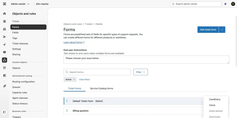 Zendesk ticket forms list with the row options menu open on Conditions