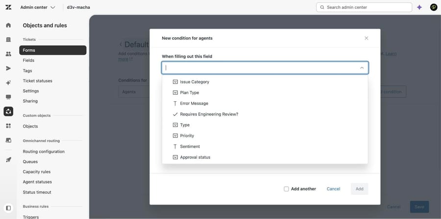Zendesk condition parent field picker listing only drop-down, text, checkbox, Type and Priority fields