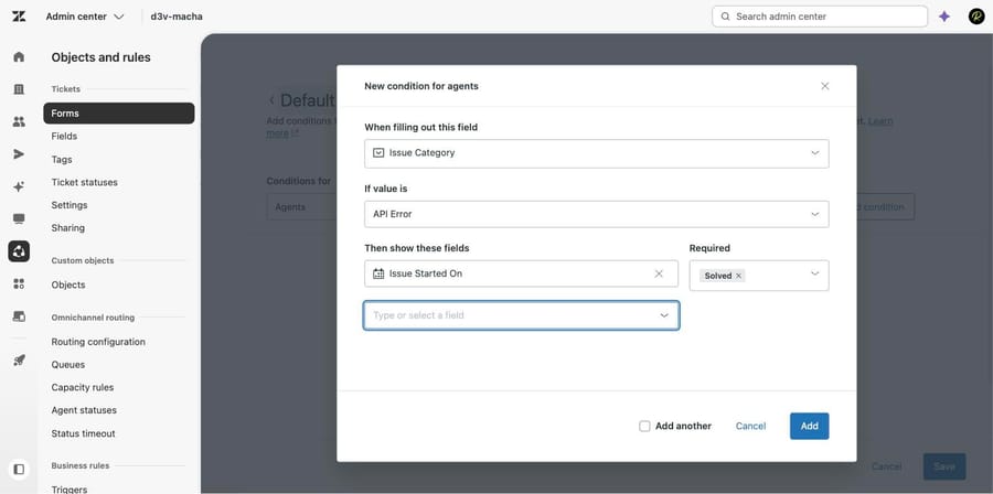 Zendesk condition dialog with a child field and its Required column pre-filled with Solved