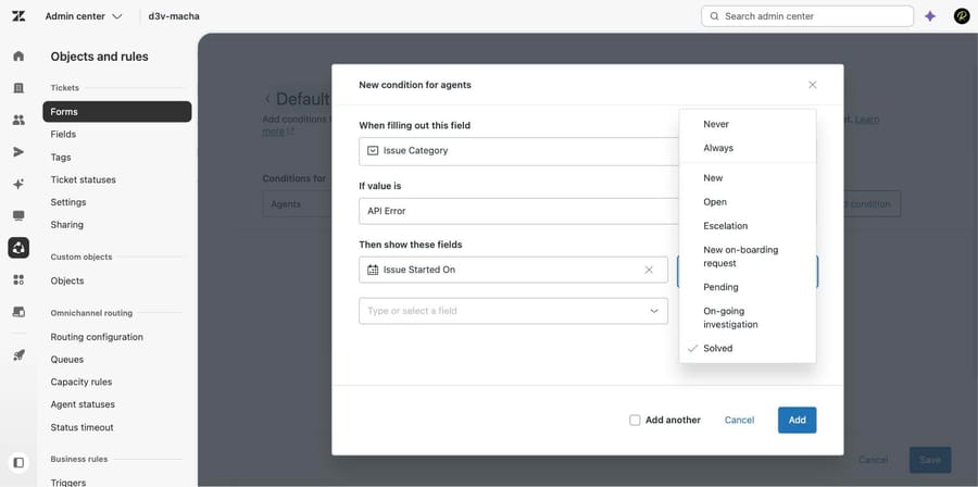 Zendesk Required drop-down showing Never, Always and both standard and custom ticket statuses