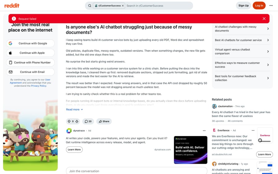 Reddit r/CustomerSuccess: a thread about AI chatbots struggling with messy, duplicated source documents.