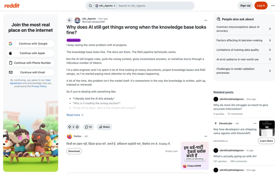 Reddit r/AI_Agents: a thread on why AI still answers wrong when the knowledge base looks fine.