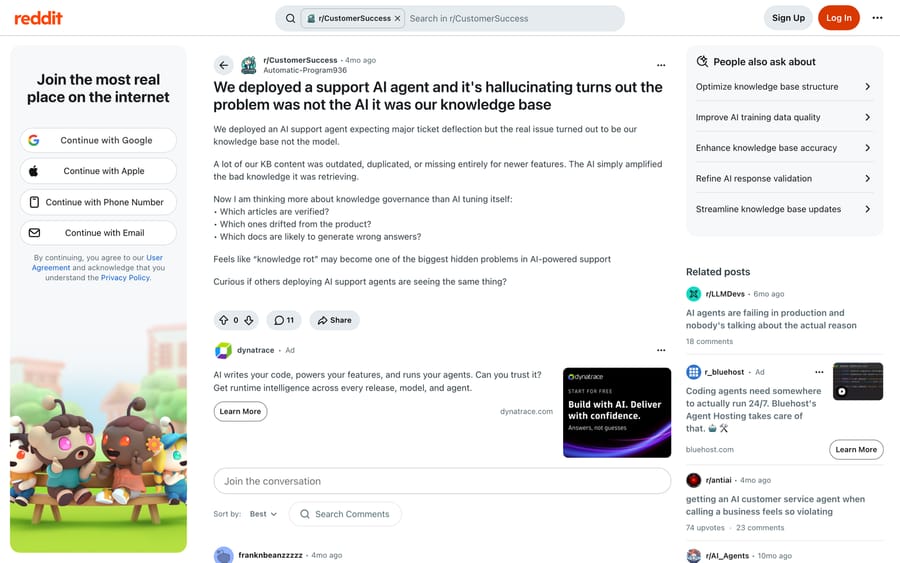 Reddit r/CustomerSuccess: a team finds its AI hallucinations traced back to the knowledge base.