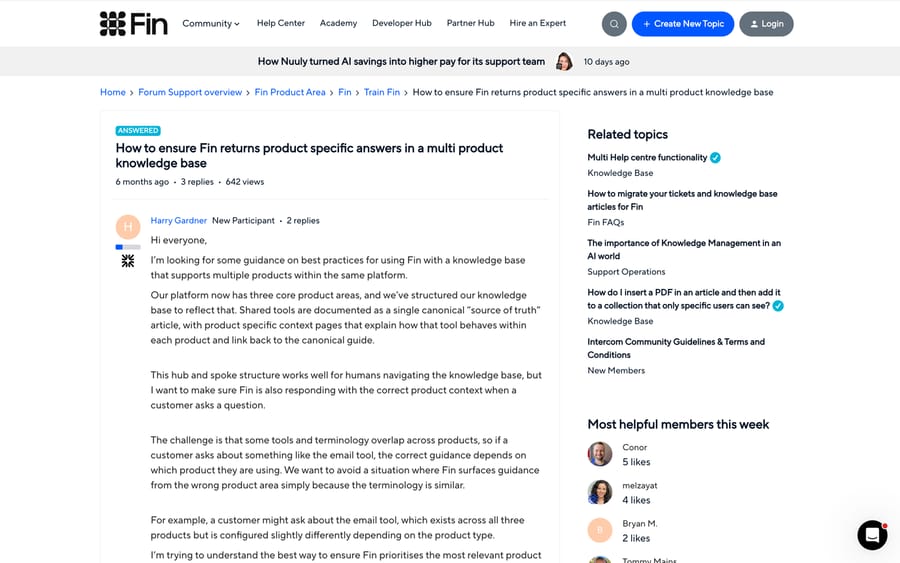 Intercom community: how to make Fin return product-specific answers from a multi-product knowledge base.