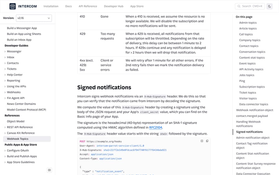 Intercom's signed notifications documentation describing the X-Hub-Signature header and its HMAC-SHA1 value