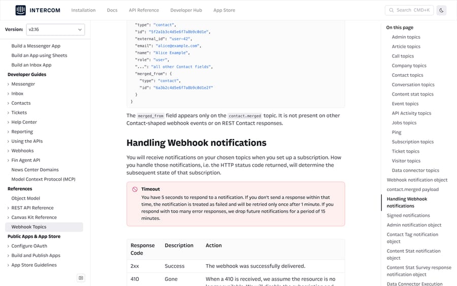 Intercom's table of webhook response codes, showing the 410 and 429 behaviors and the retry rule