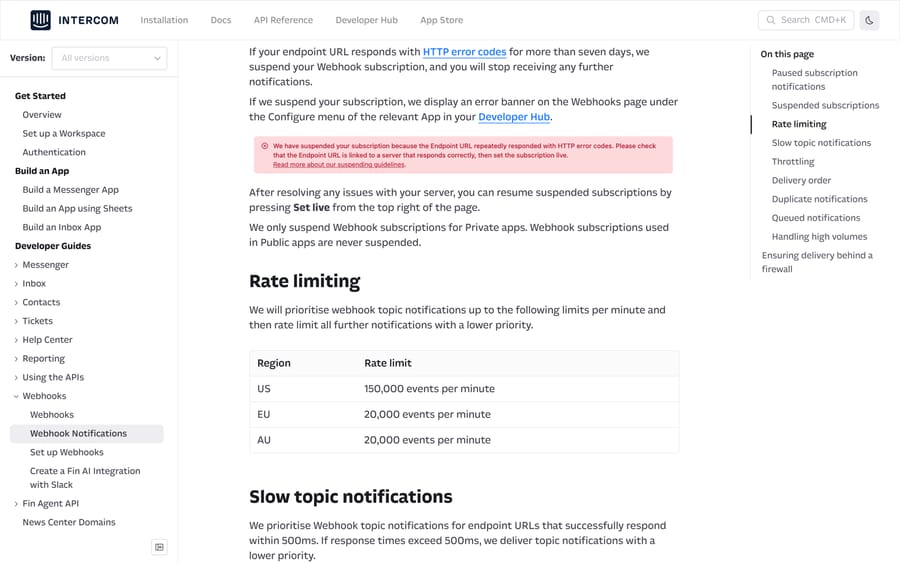 Intercom's webhook rate limits by region, showing 150,000 events a minute in the US and 20,000 in the EU and AU