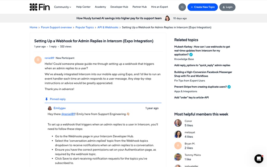 An Intercom community thread where Support Engineering names conversation.admin.replied as the topic for admin replies