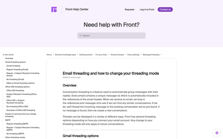 Front's article on email threading modes, describing the message-id and references matching