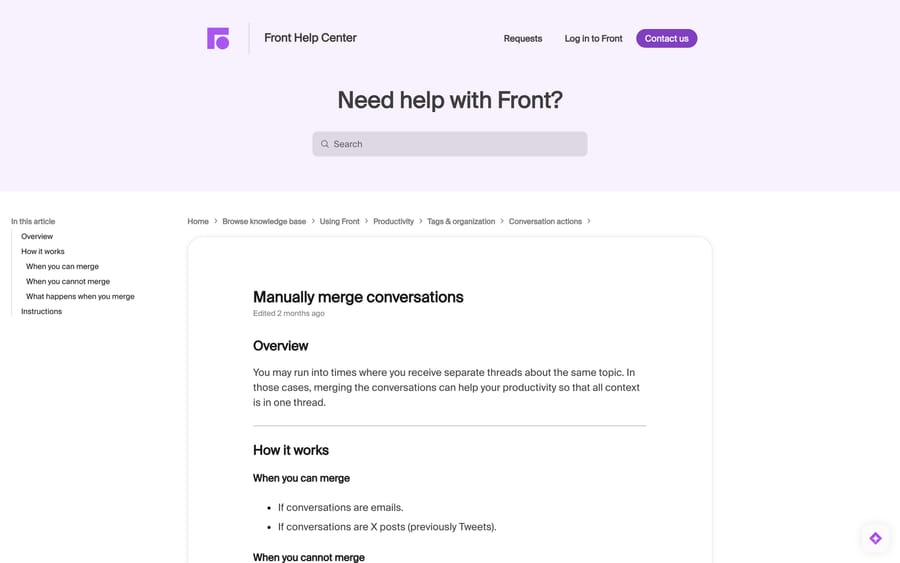 Front's Manually merge conversations article, which states the merge cannot be undone