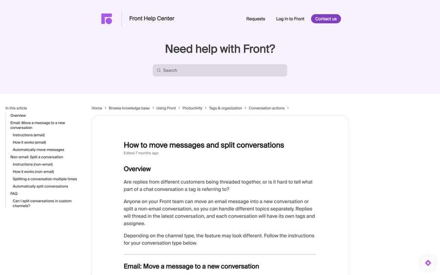 Front's article on moving messages and splitting conversations, showing the email and non-email flows