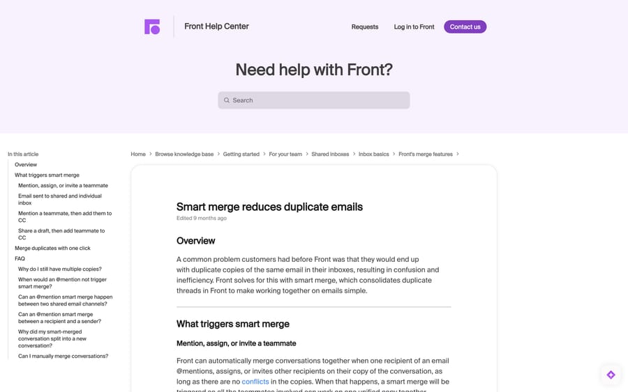 Front's Smart merge article explaining how duplicate copies of an email are consolidated