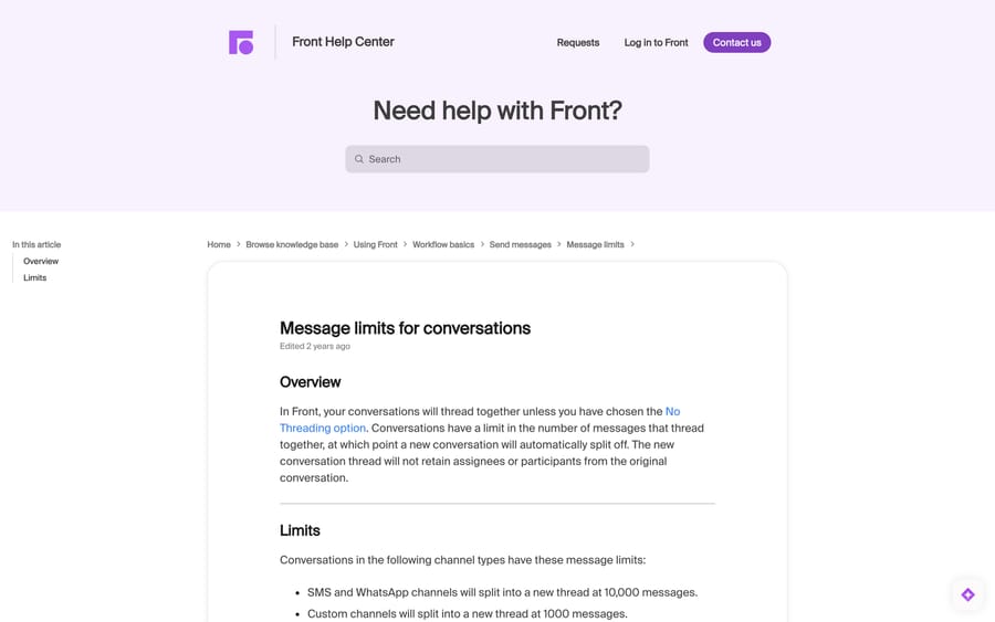 Front's Message limits article listing the 10,000, 1,000 and 500 message split thresholds