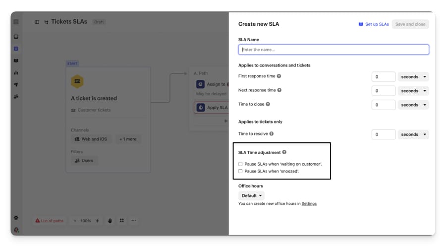 The Create new SLA drawer showing the four targets, SLA Time adjustment checkboxes and Office hours dropdown