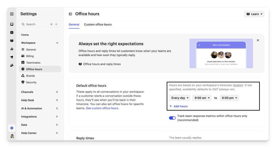 Intercom's Office hours settings with default hours, timezone and the track-metrics-in-office-hours toggle